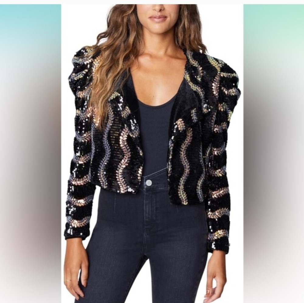 Blank NYC Beauty Spot Sequin Embellished Iridescent Black Crop Jacket Size M